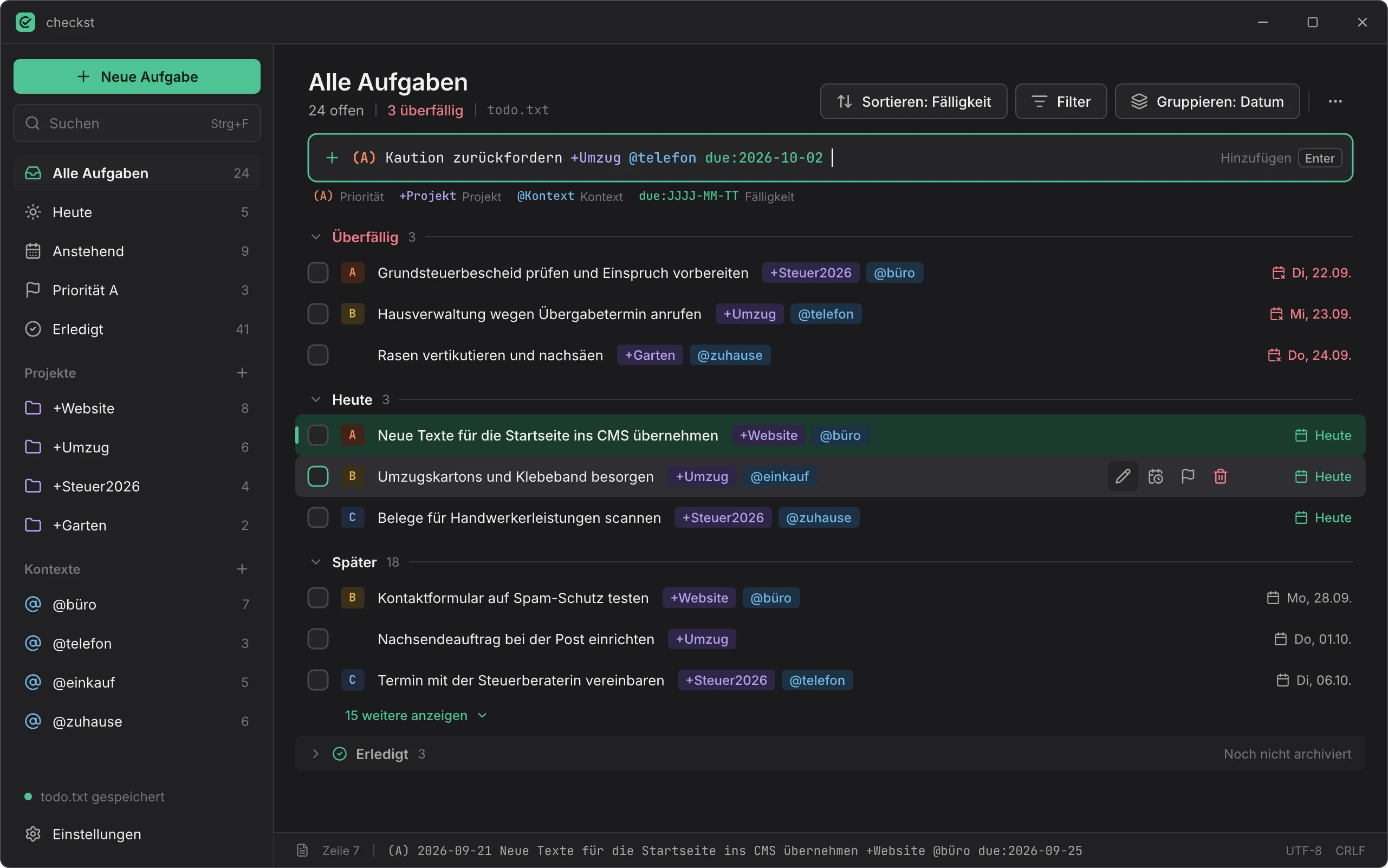 Die Hauptansicht von checkst mit Aufgaben, Projekten und Kontexten