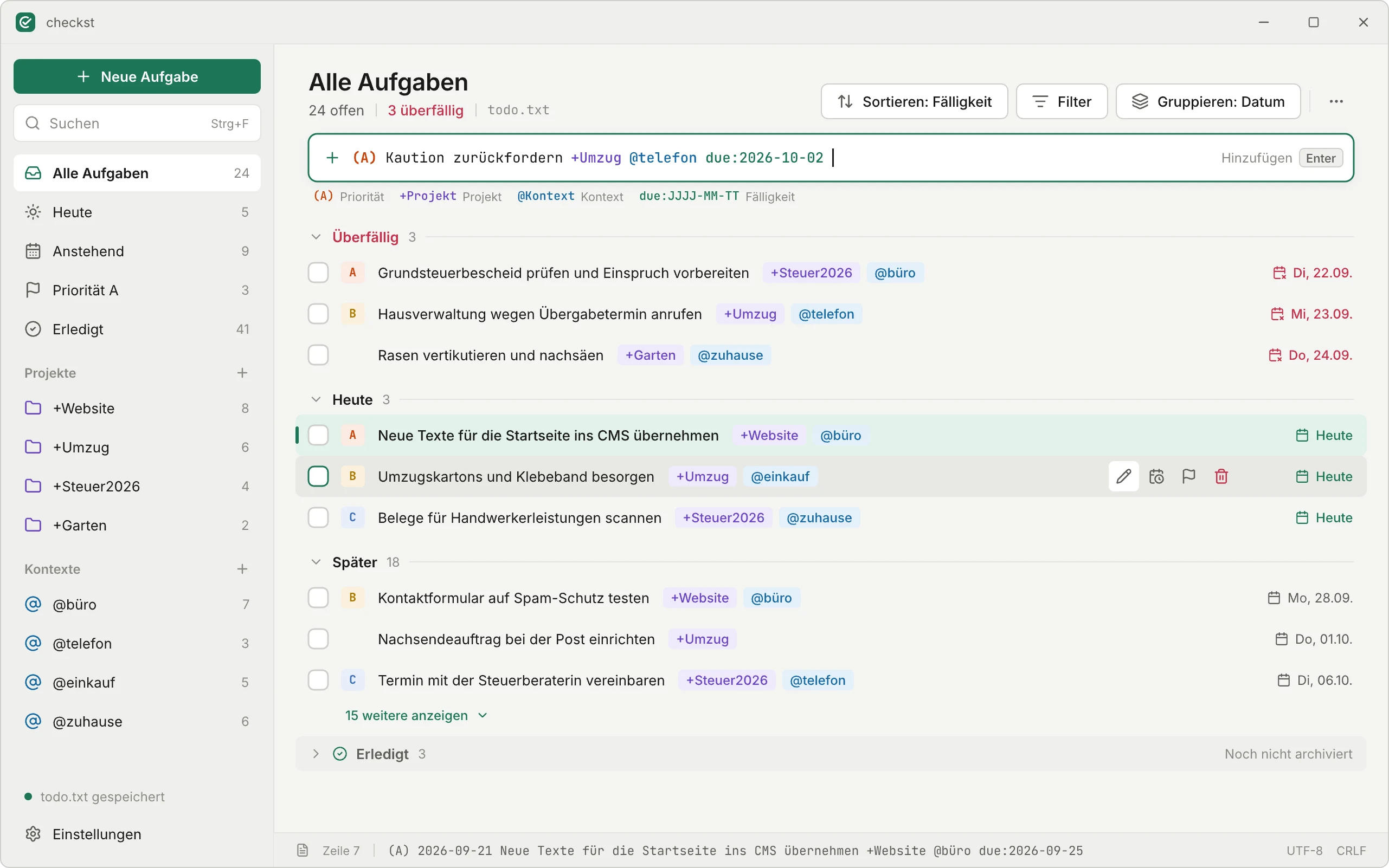 Die Hauptansicht von checkst mit Aufgaben, Projekten und Kontexten