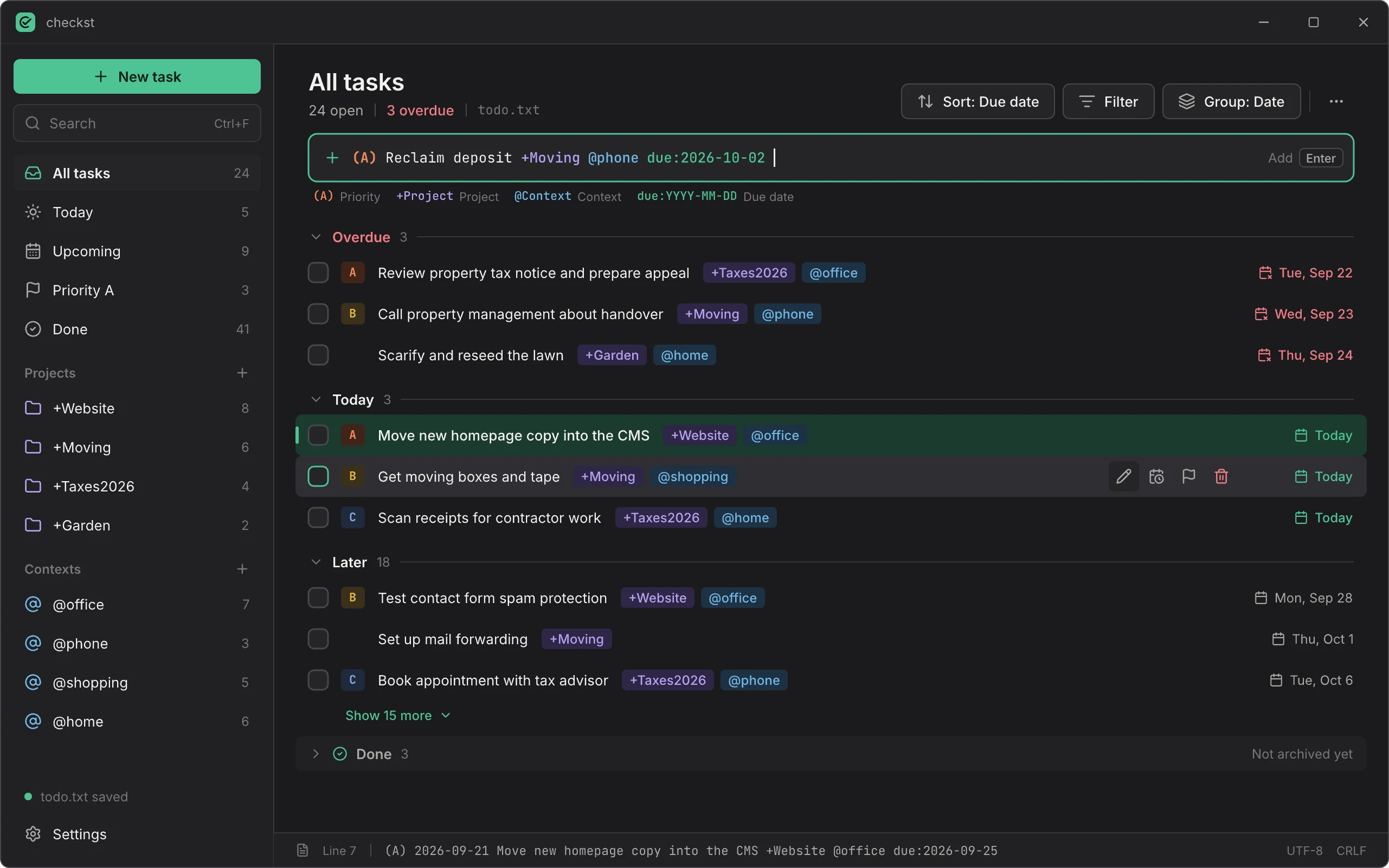 The main view of checkst with tasks, projects and contexts