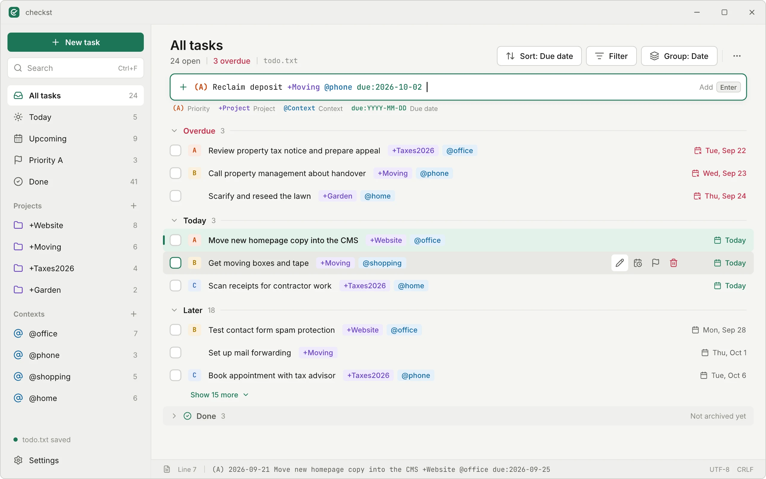 The main view of checkst with tasks, projects and contexts